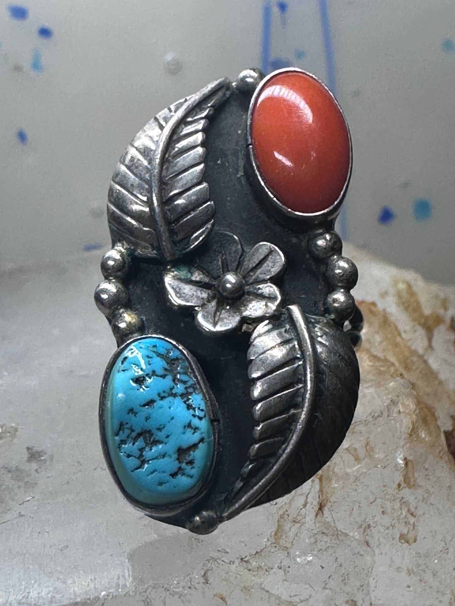 Turquoise ring coral band leaves squash blossom Navajo size 6.75 sterling silver women