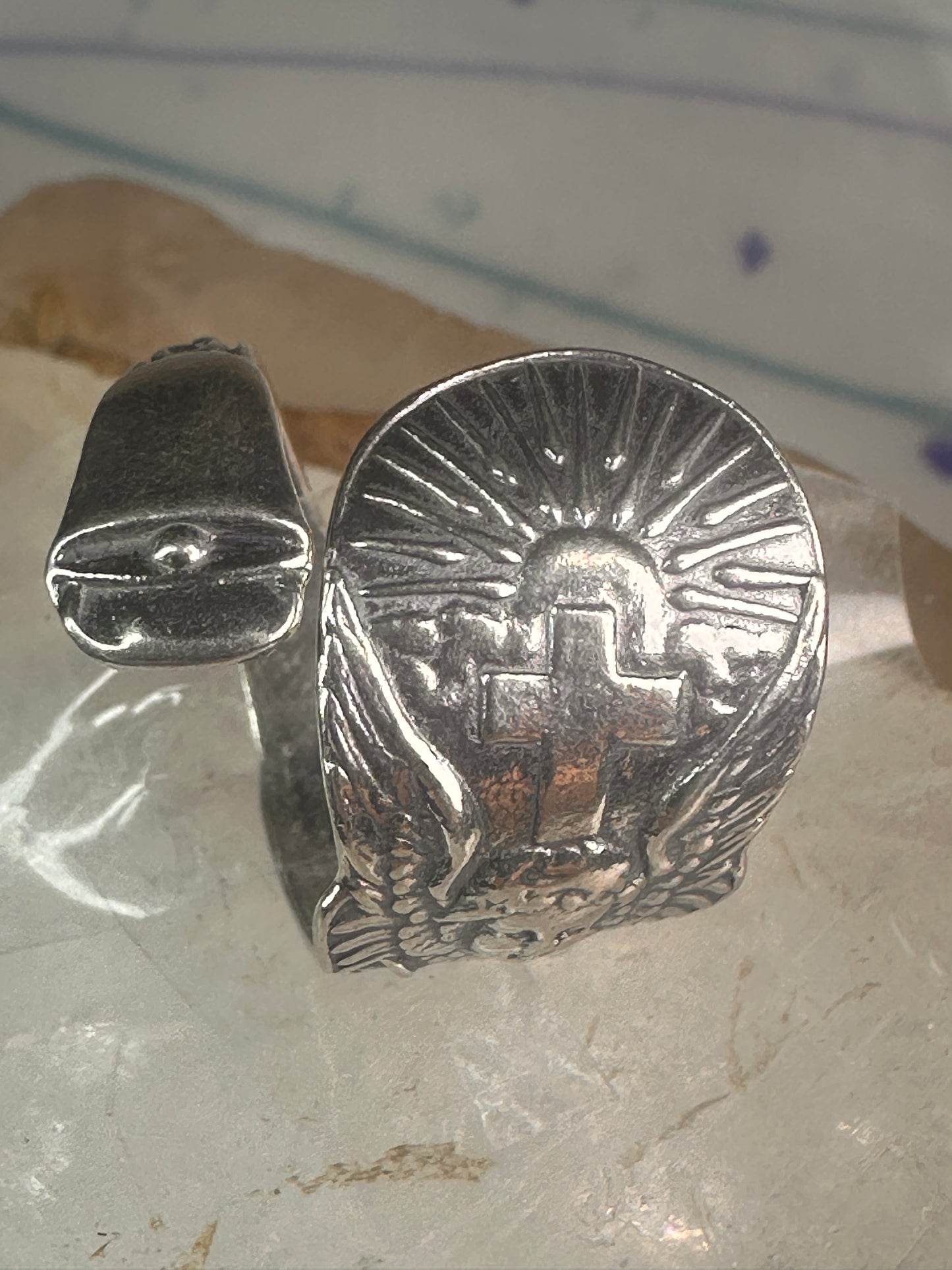Spoon ring angel cross religious sunrise sun sunset band sterling silver size 7.7 sterling silver