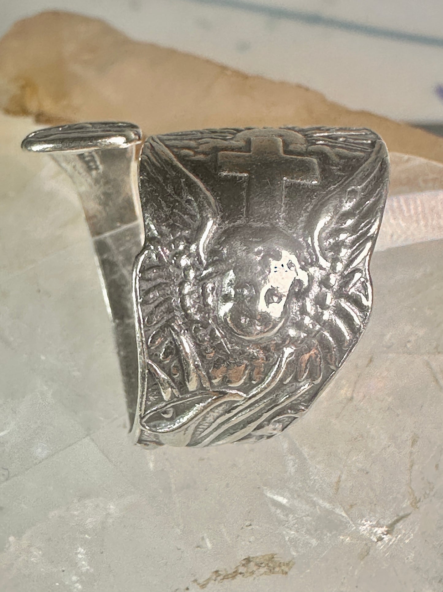 Spoon ring angel cross religious sunrise sun sunset band sterling silver size 7.7 sterling silver