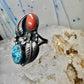 Turquoise ring coral band leaves squash blossom Navajo size 6.75 sterling silver women