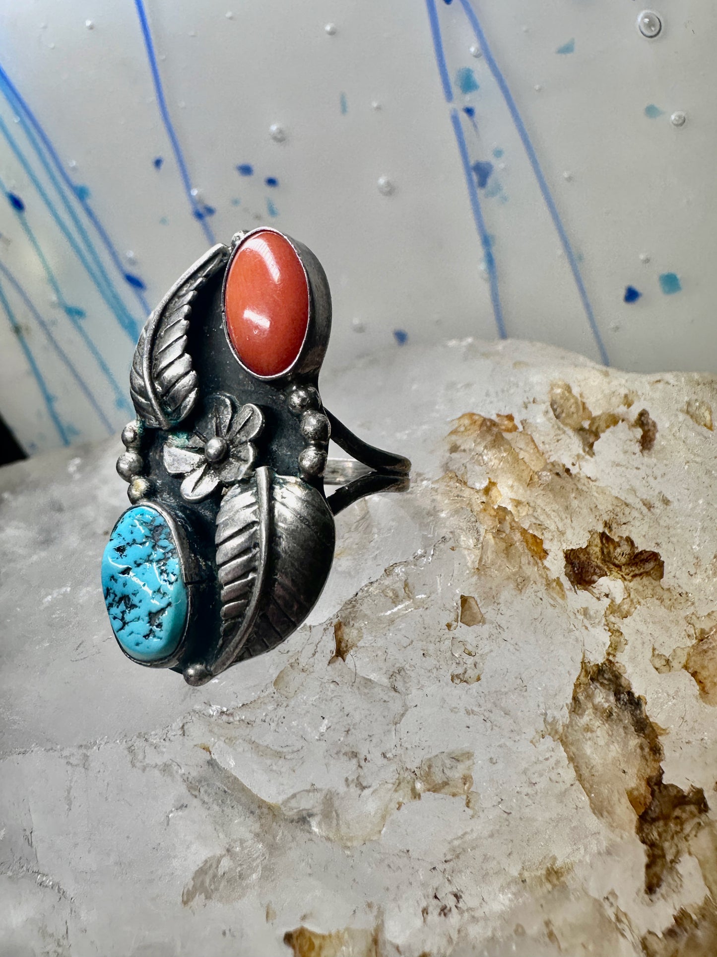 Turquoise ring coral band leaves squash blossom Navajo size 6.75 sterling silver women