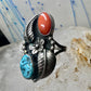 Turquoise ring coral band leaves squash blossom Navajo size 6.75 sterling silver women