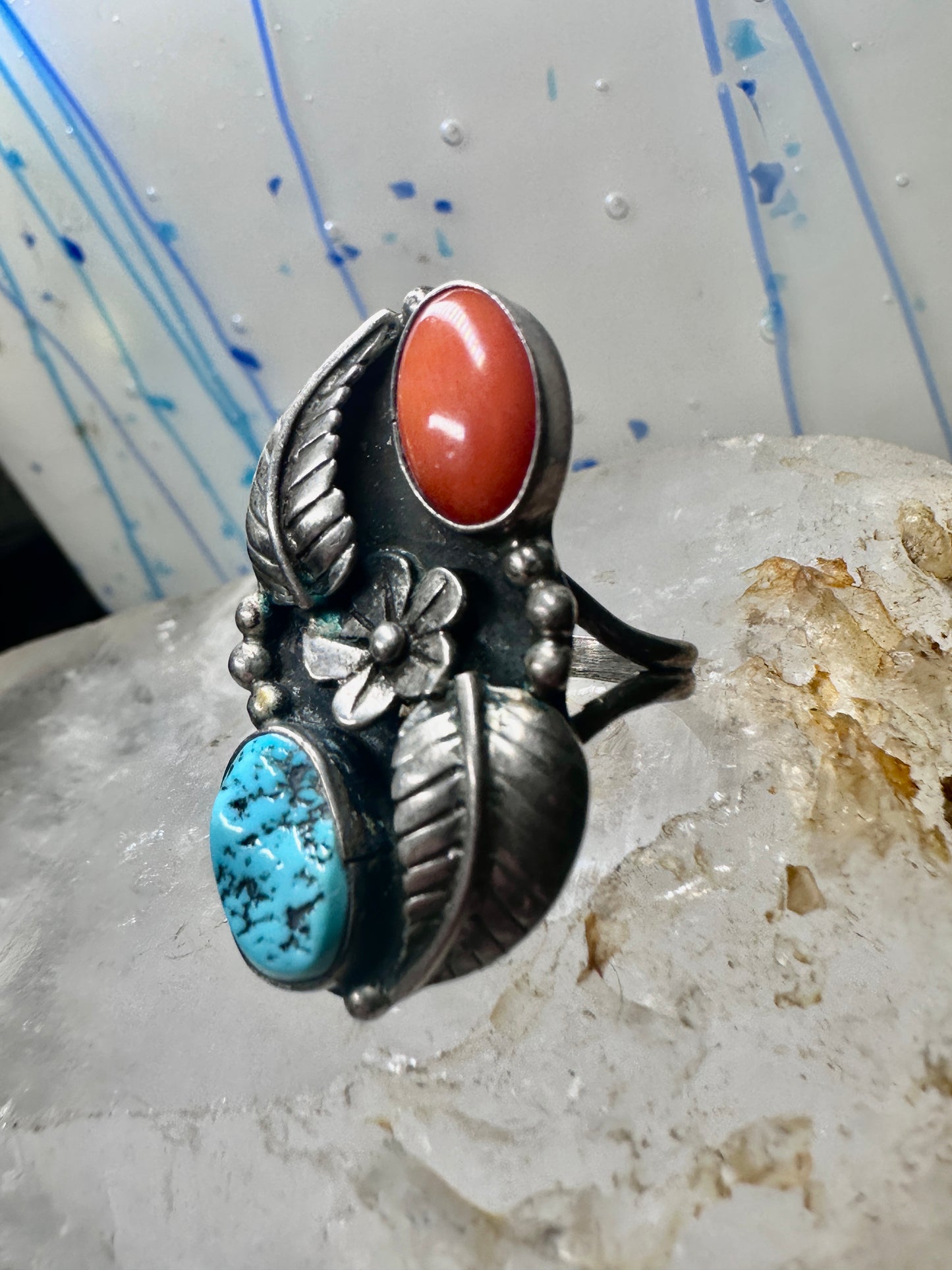 Turquoise ring coral band leaves squash blossom Navajo size 6.75 sterling silver women