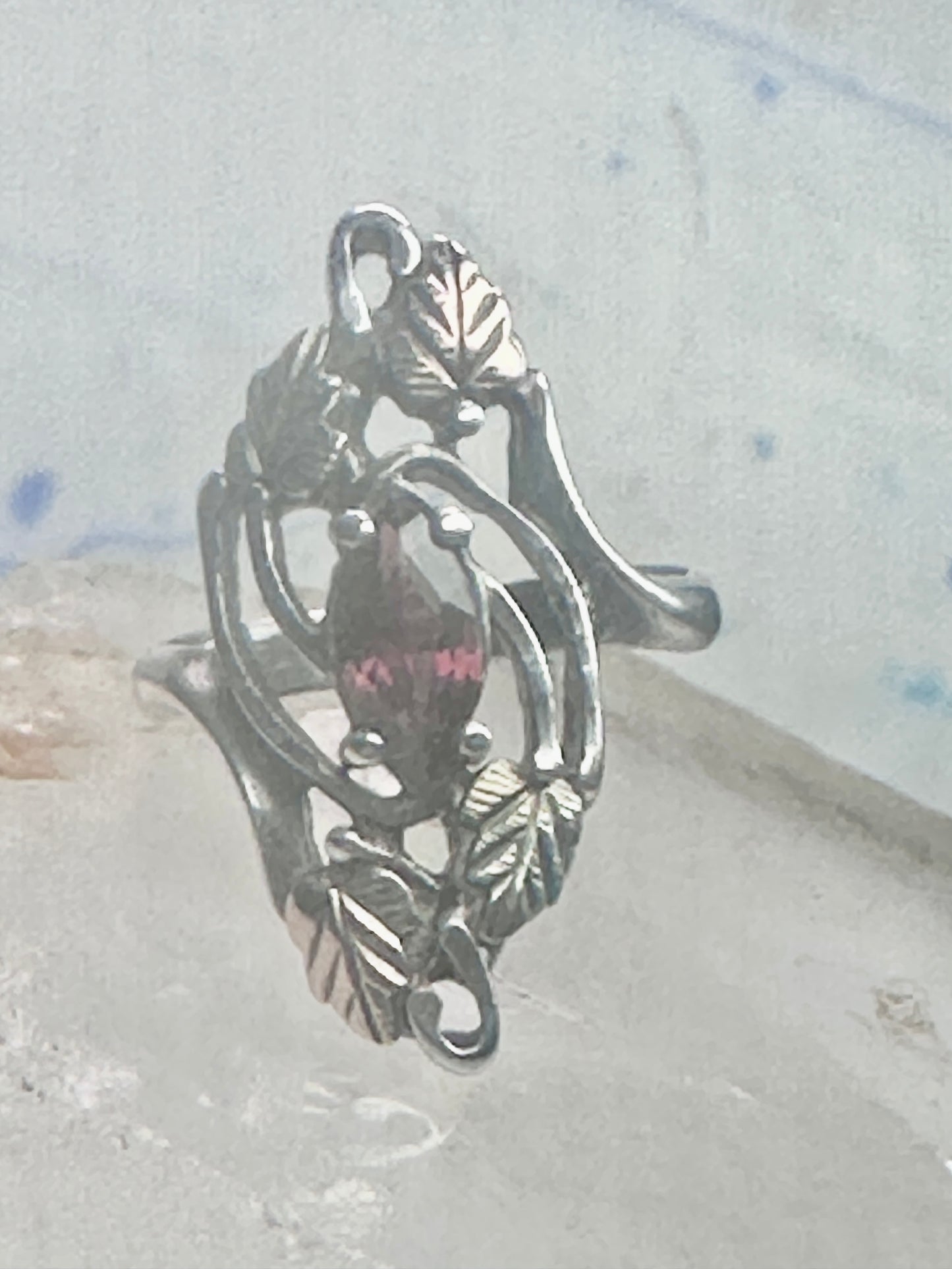 Long Black Hills Gold ring garnet leaves floral size 4.50 sterling silver women
