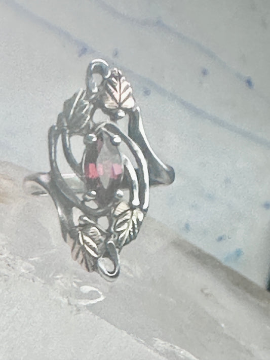 Long Black Hills Gold ring garnet leaves floral size 4.50 sterling silver women