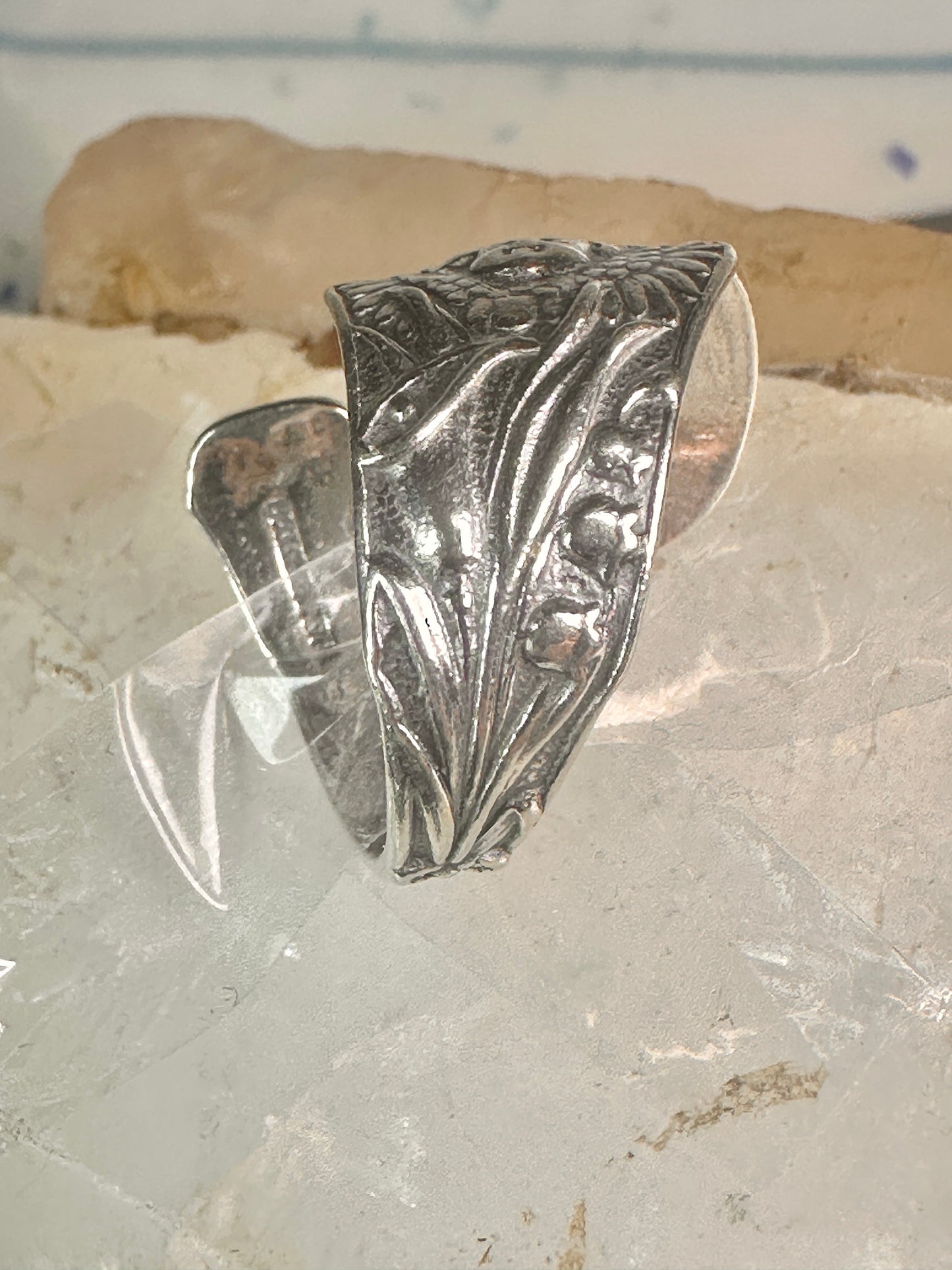 Spoon ring angel cross religious sunrise sun sunset band sterling silver size 7.7 sterling silver