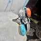 Turquoise ring coral band leaves squash blossom Navajo size 6.75 sterling silver women