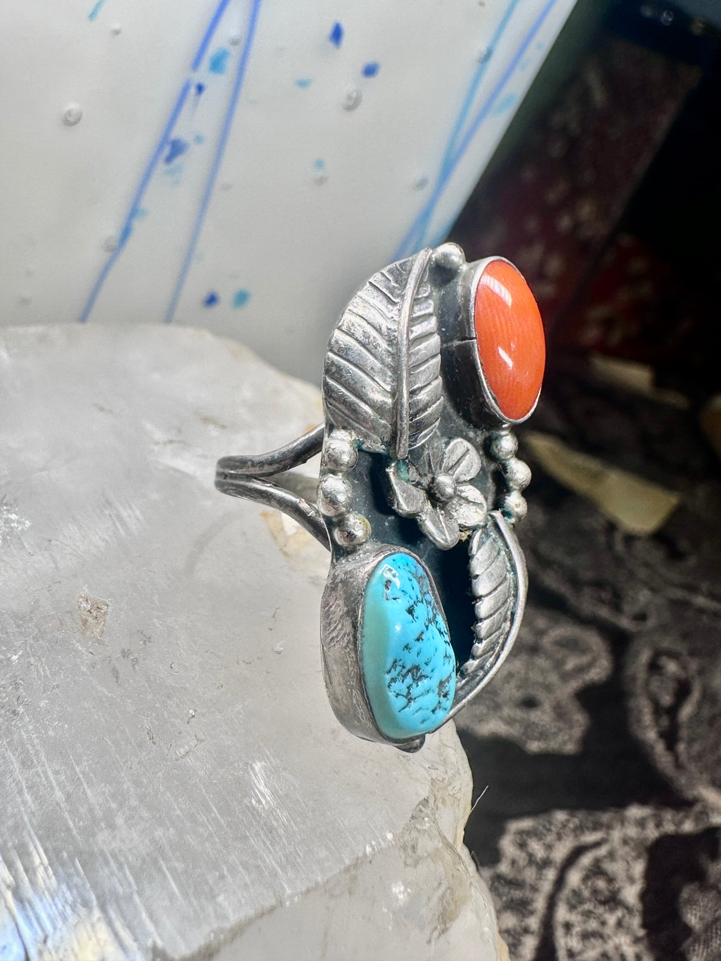 Turquoise ring coral band leaves squash blossom Navajo size 6.75 sterling silver women