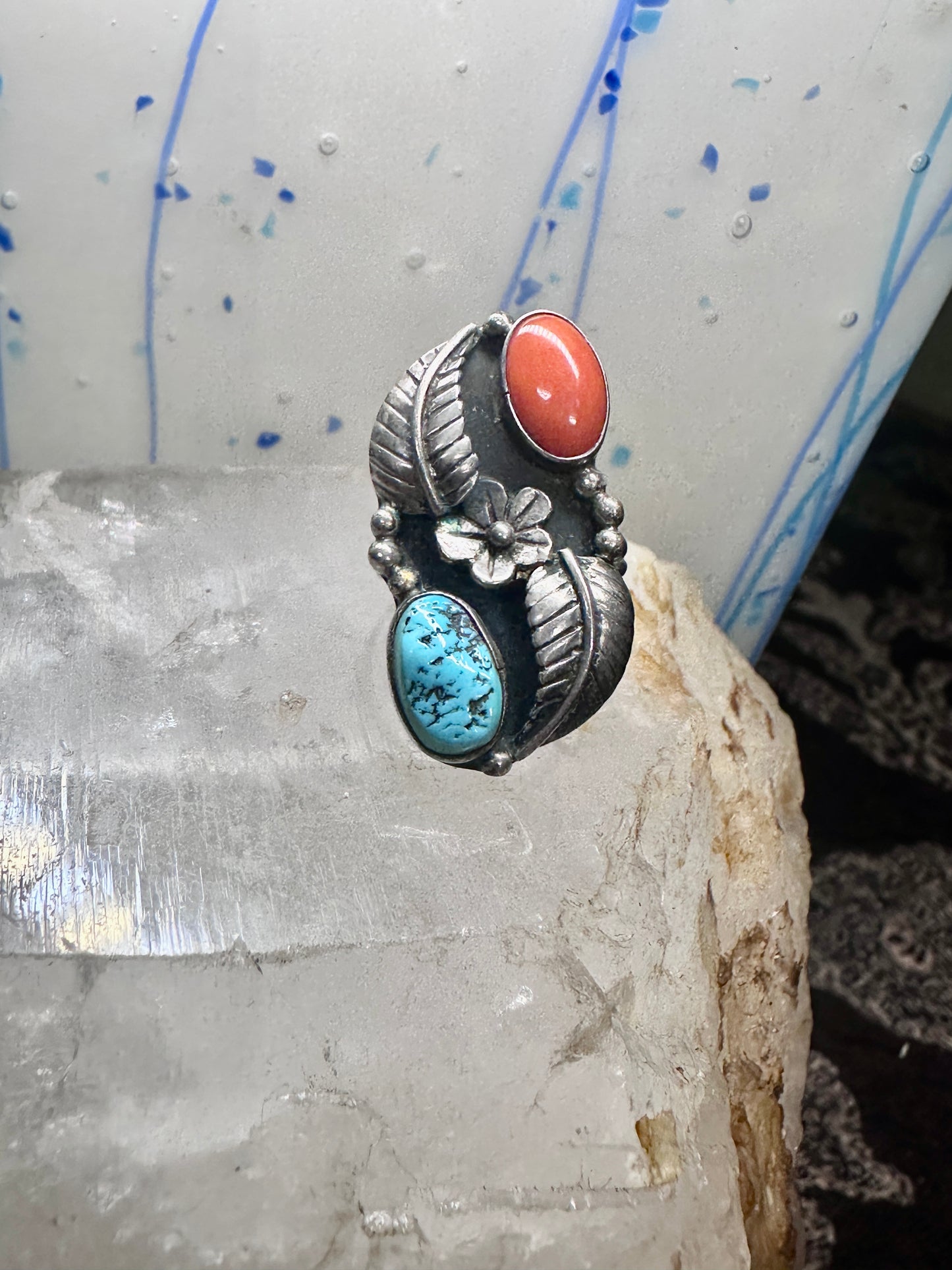 Turquoise ring coral band leaves squash blossom Navajo size 6.75 sterling silver women