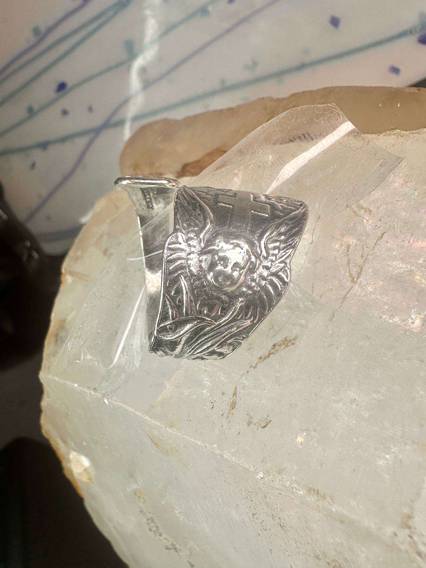 Spoon ring angel cross religious sunrise sun sunset band sterling silver size 7.7 sterling silver