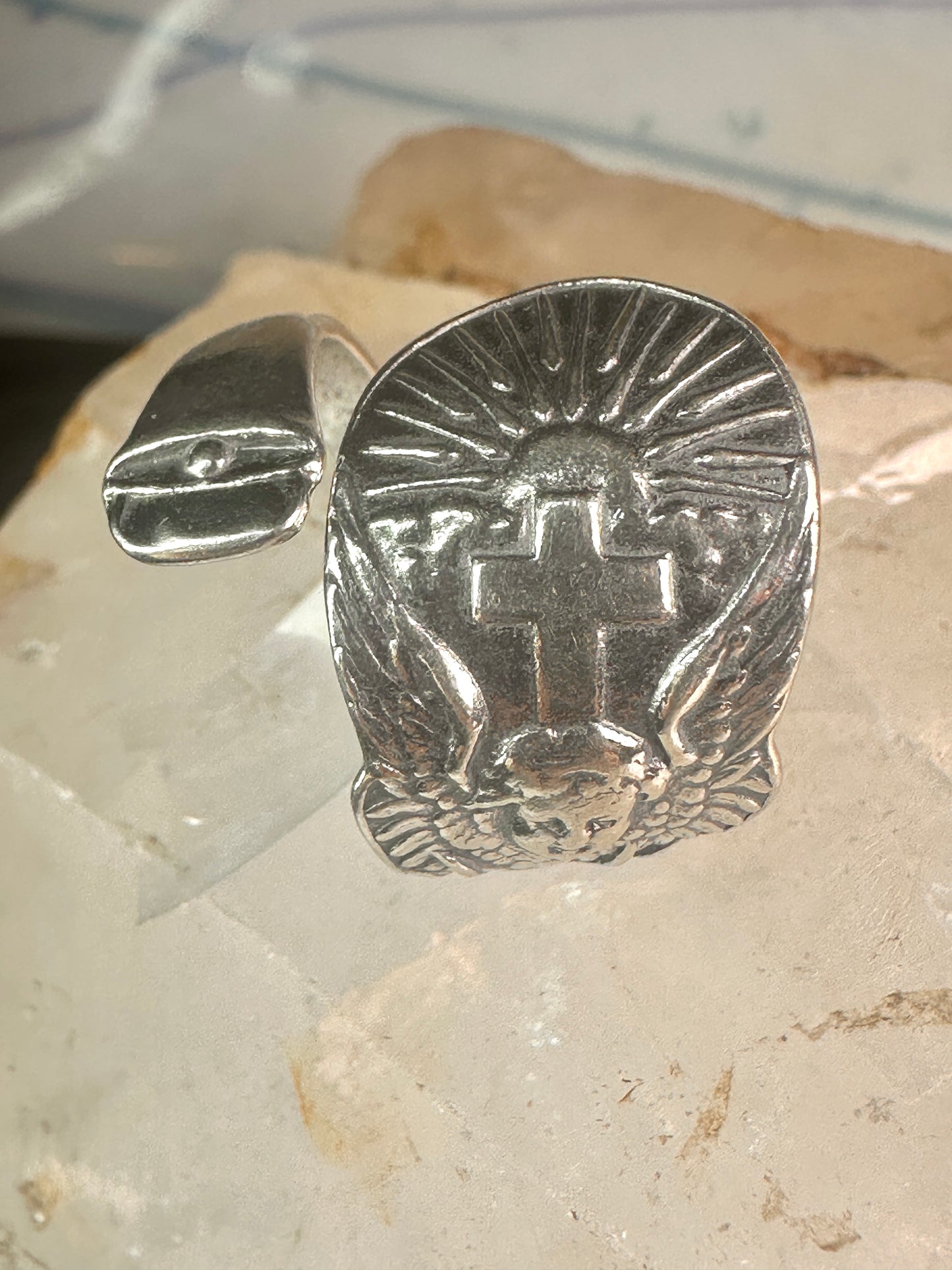 Spoon ring angel cross religious sunrise sun sunset band sterling silver size 7.7 sterling silver