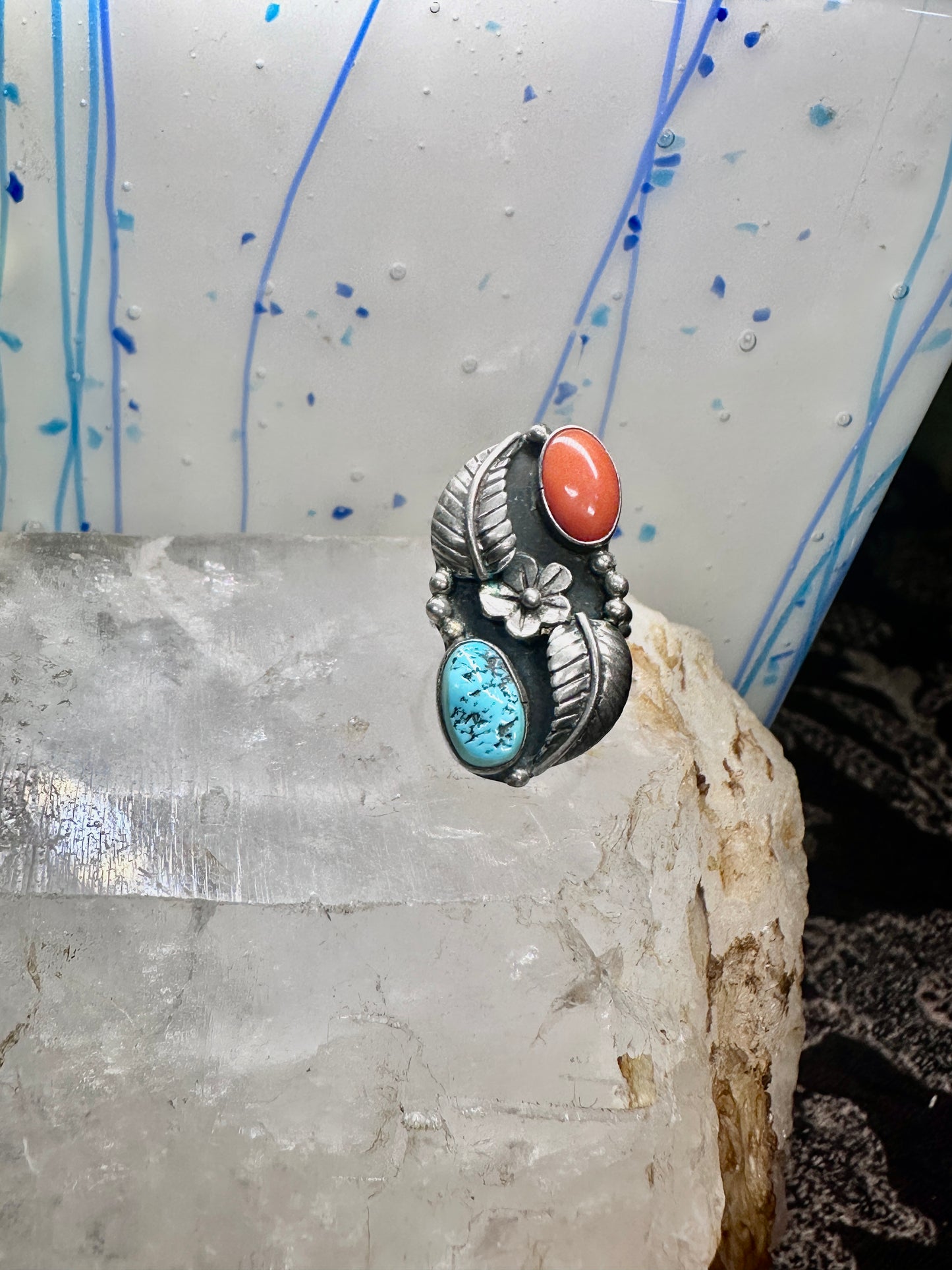 Turquoise ring coral band leaves squash blossom Navajo size 6.75 sterling silver women