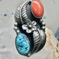 Turquoise ring coral band leaves squash blossom Navajo size 6.75 sterling silver women