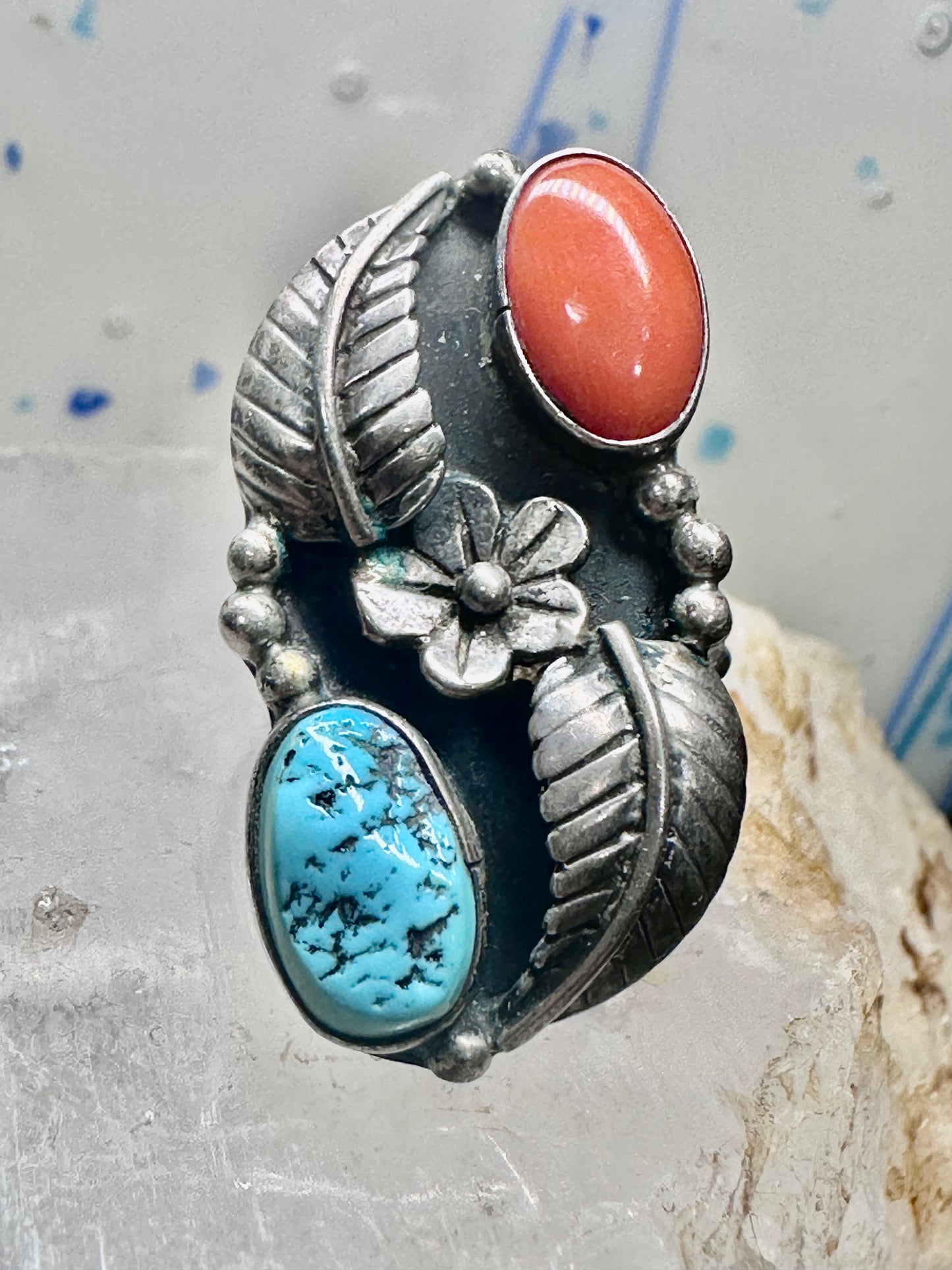 Turquoise ring coral band leaves squash blossom Navajo size 6.75 sterling silver women