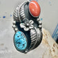 Turquoise ring coral band leaves squash blossom Navajo size 6.75 sterling silver women