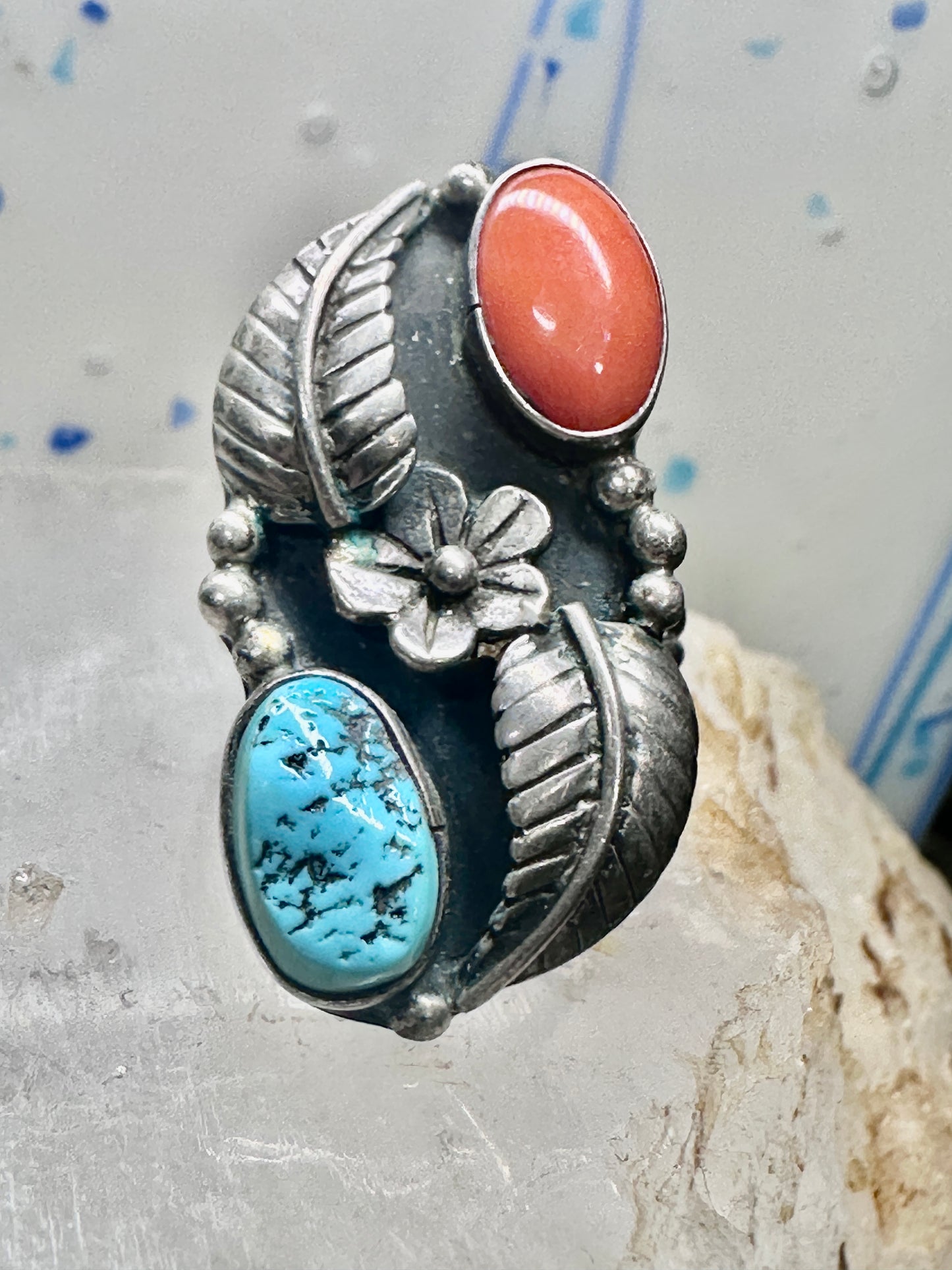 Turquoise ring coral band leaves squash blossom Navajo size 6.75 sterling silver women