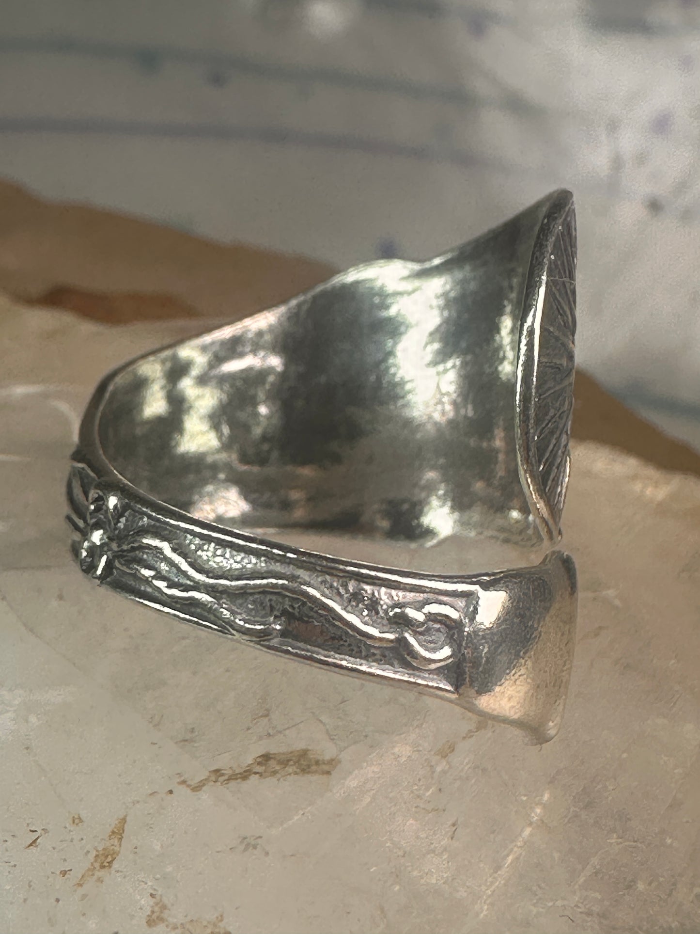 Spoon ring angel cross religious sunrise sun sunset band sterling silver size 7.7 sterling silver