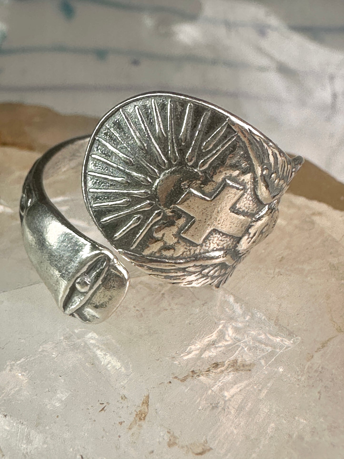 Spoon ring angel cross religious sunrise sun sunset band sterling silver size 7.7 sterling silver