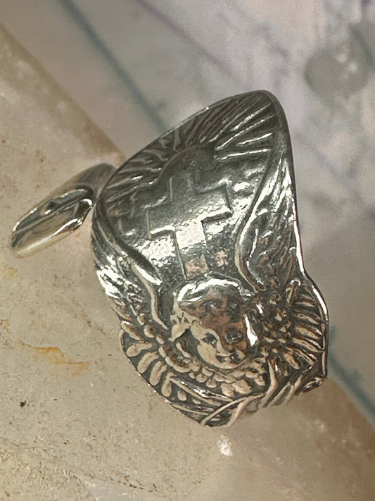Spoon ring angel cross religious sunrise sun sunset band sterling silver size 7.7 sterling silver