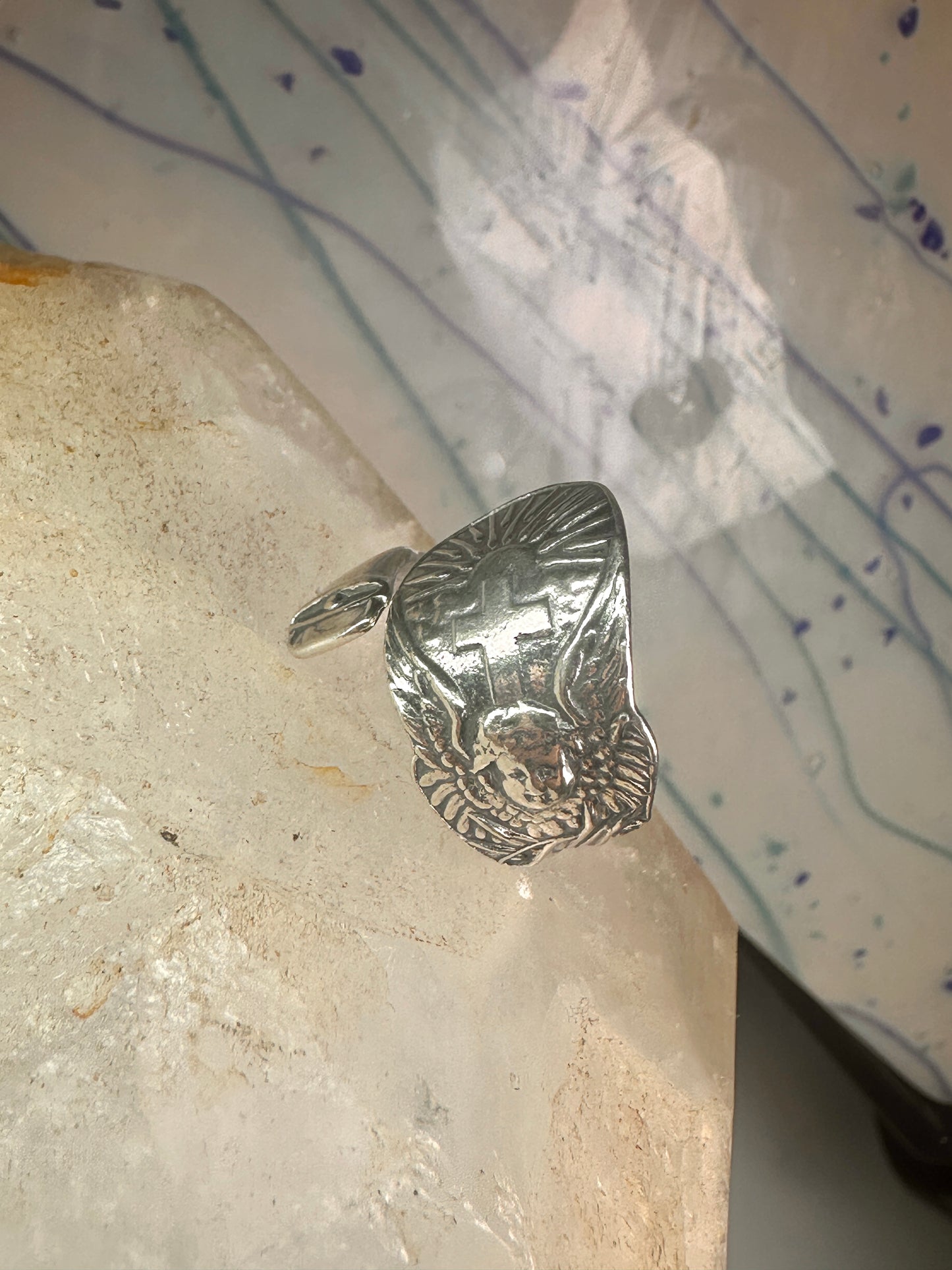 Spoon ring angel cross religious sunrise sun sunset band sterling silver size 7.7 sterling silver