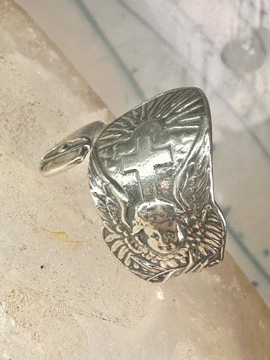 Spoon ring angel cross religious sunrise sun sunset band sterling silver size 7.7 sterling silver