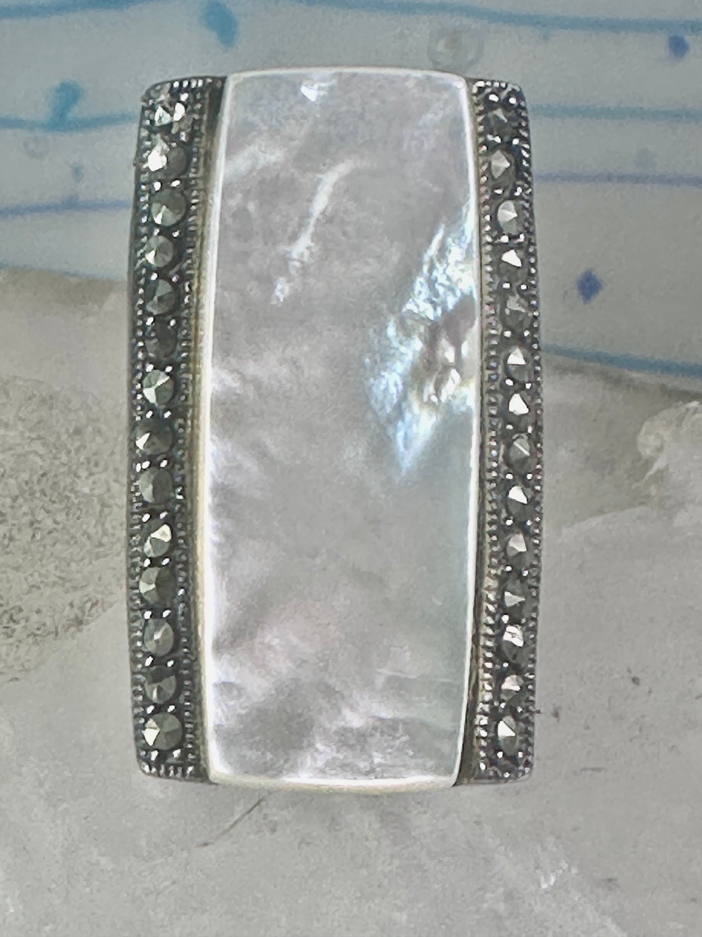 Long Mother of pearl marcasite ring full finger size 6 sterling silver women