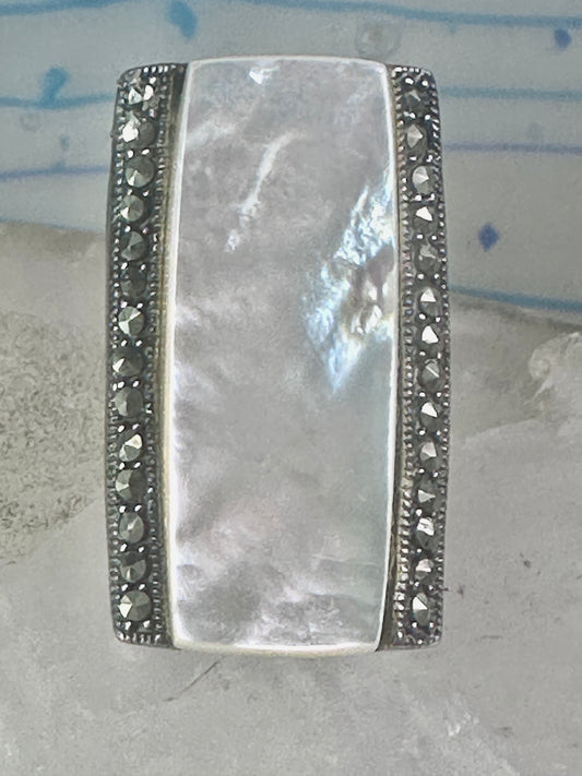 Long Mother of pearl marcasite ring full finger size 6 sterling silver women