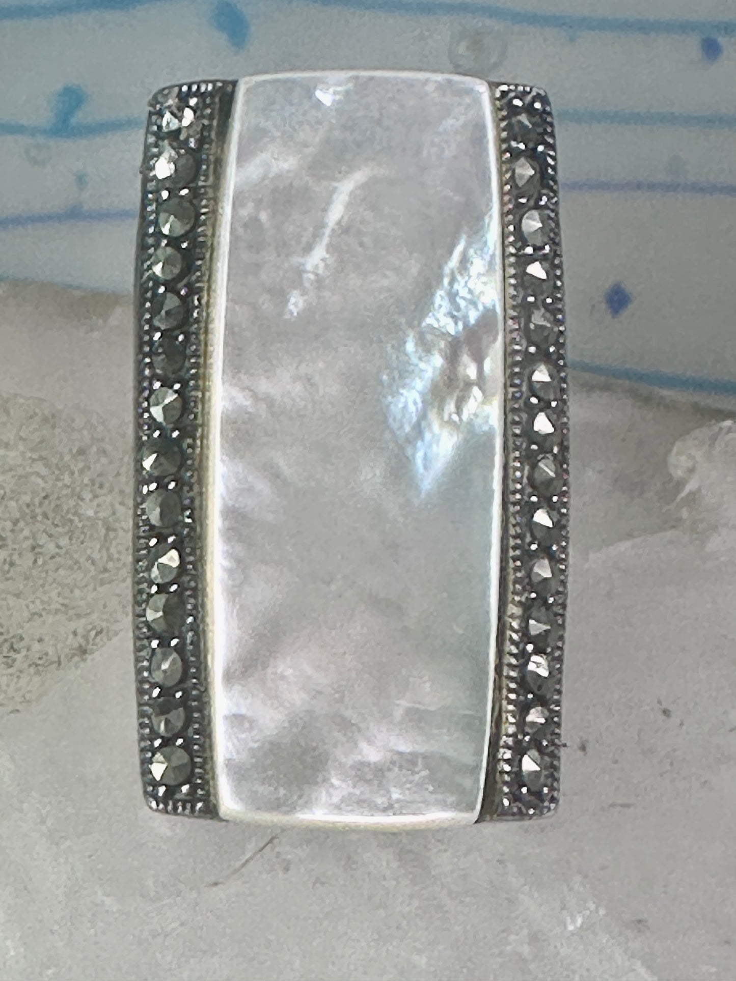 Long Mother of pearl marcasite ring full finger size 6 sterling silver women
