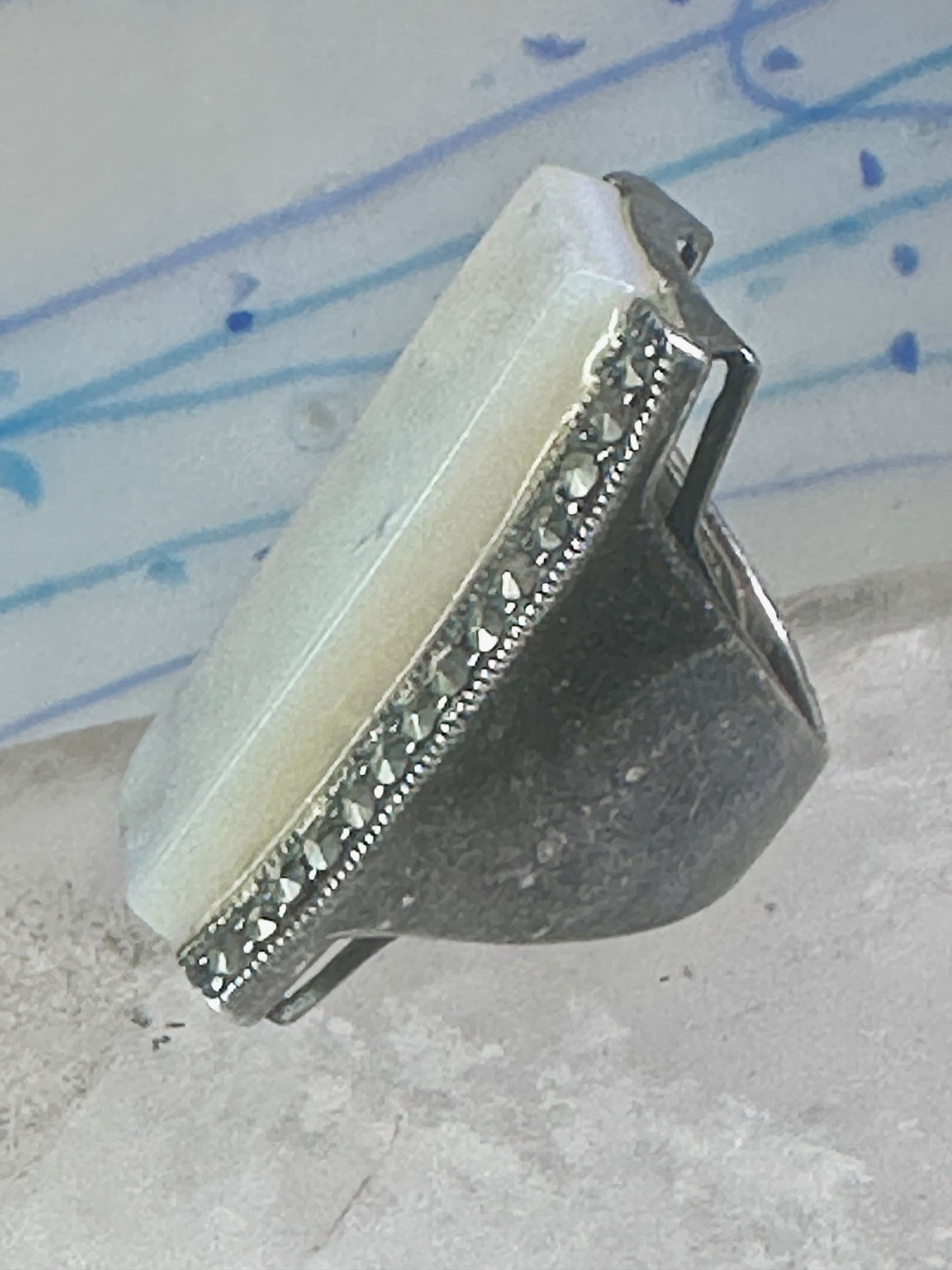 Long Mother of pearl marcasite ring full finger size 6 sterling silver women