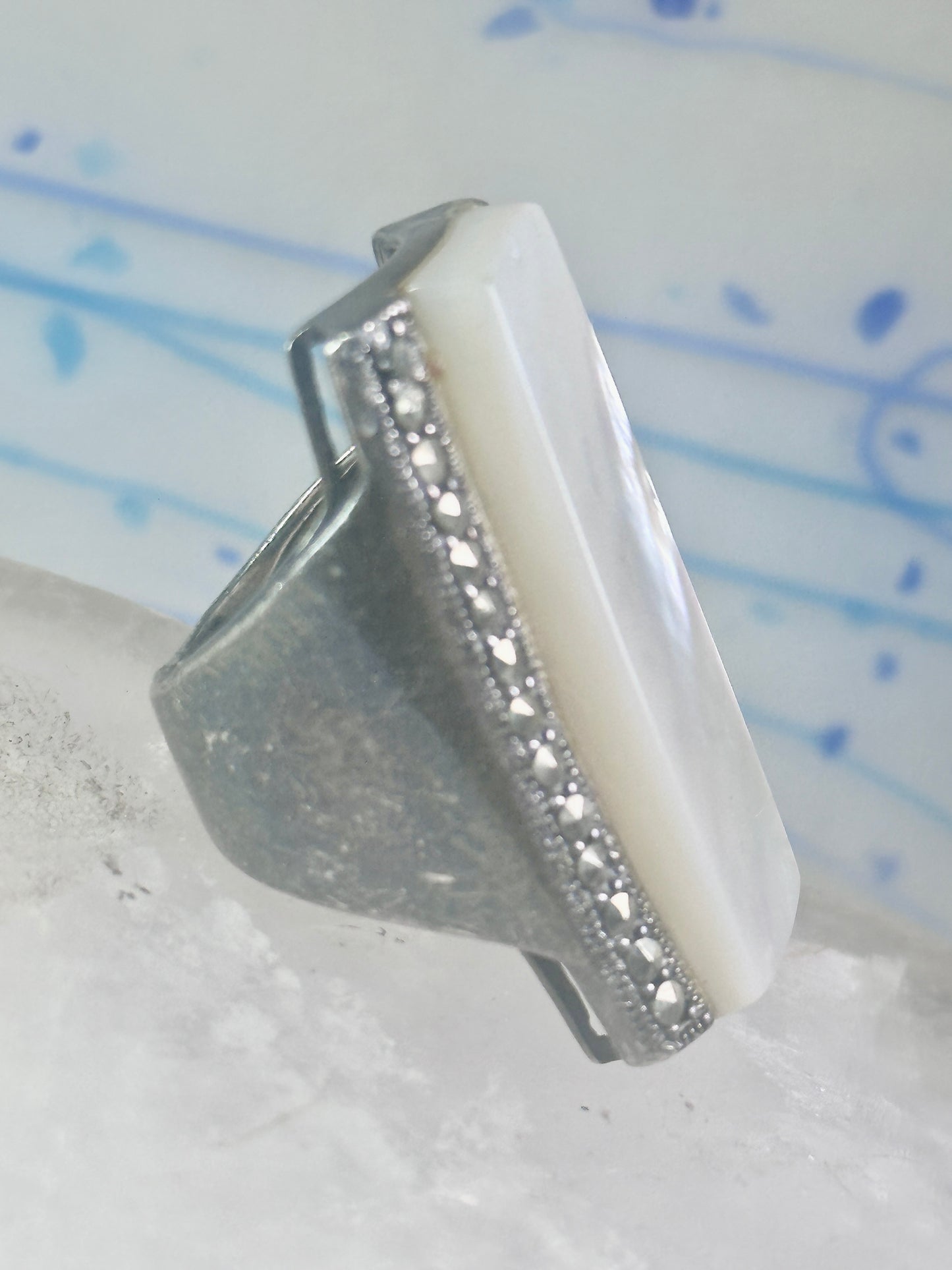 Long Mother of pearl marcasite ring full finger size 6 sterling silver women
