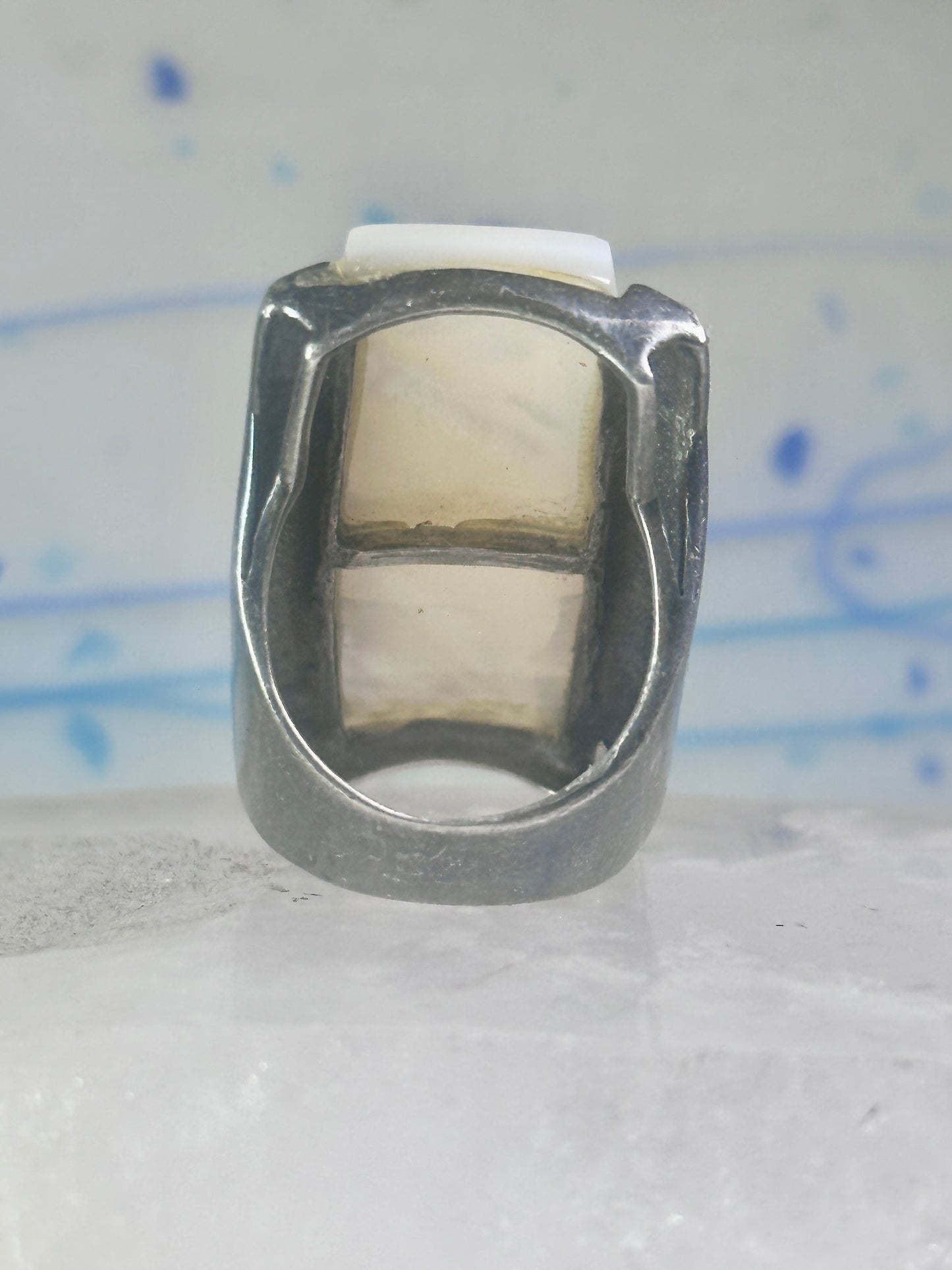 Long Mother of pearl marcasite ring full finger size 6 sterling silver women