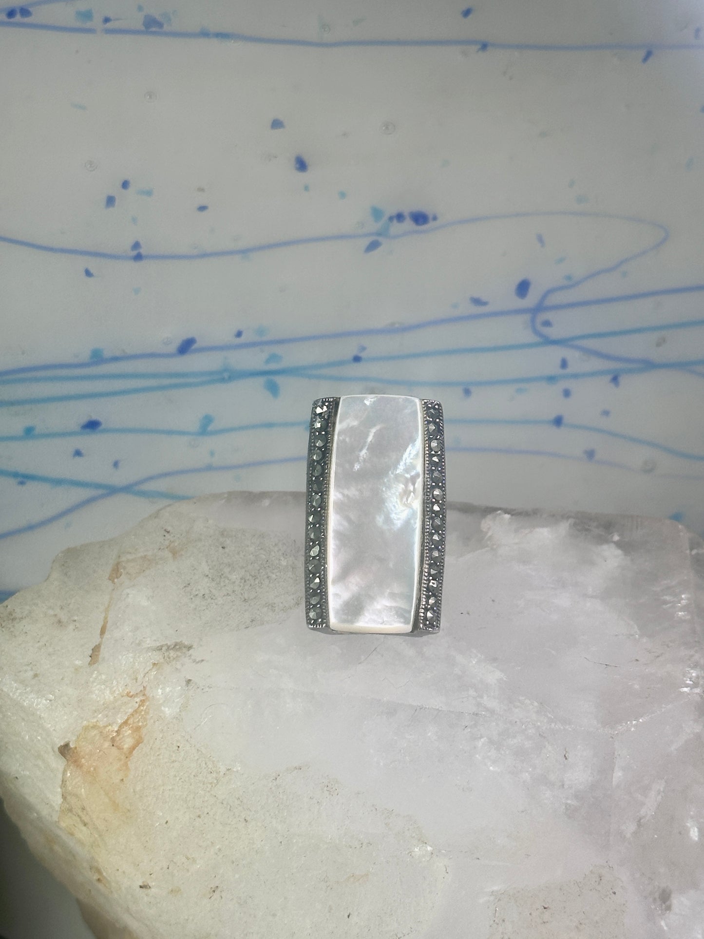 Long Mother of pearl marcasite ring full finger size 6 sterling silver women