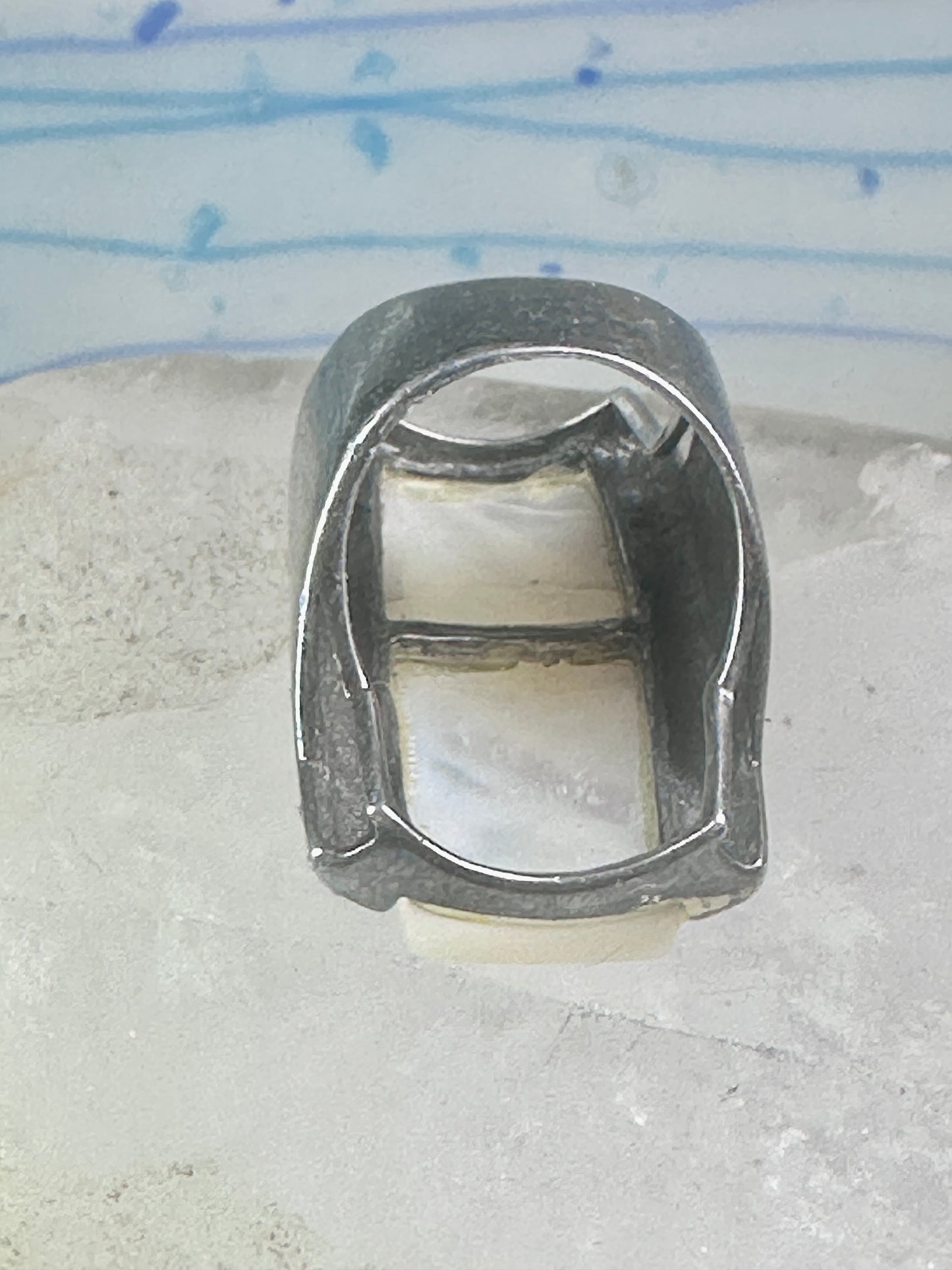 Long Mother of pearl marcasite ring full finger size 6 sterling silver women