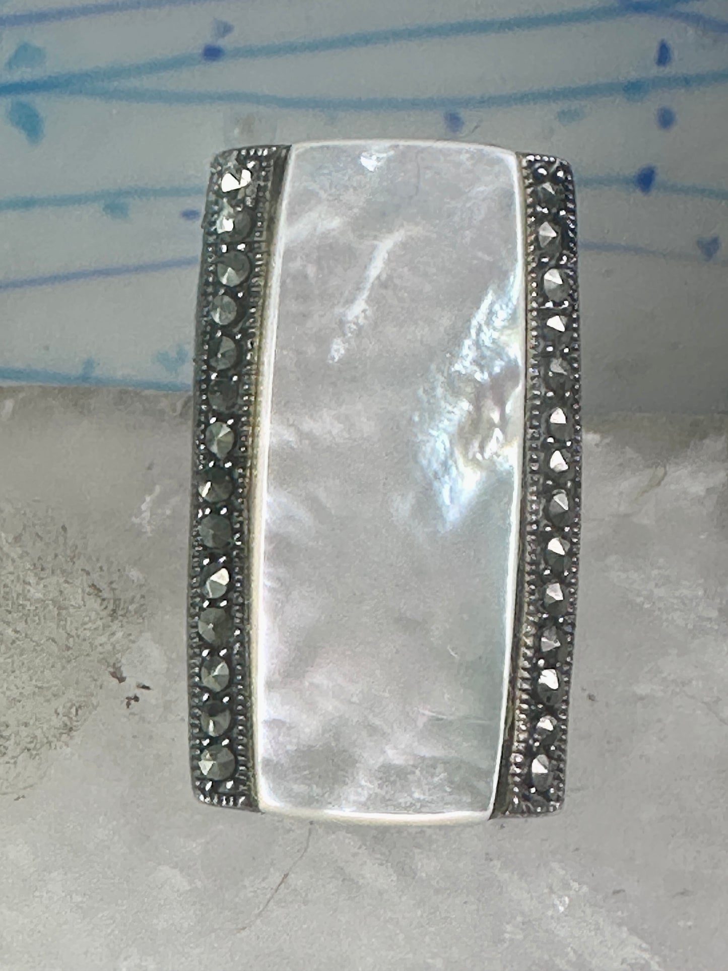 Long Mother of pearl marcasite ring full finger size 6 sterling silver women