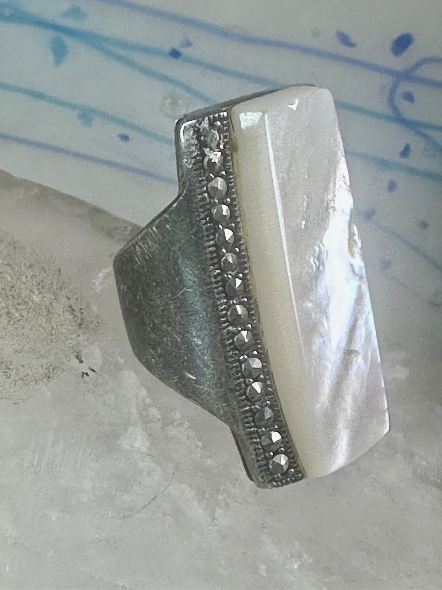 Long Mother of pearl marcasite ring full finger size 6 sterling silver women
