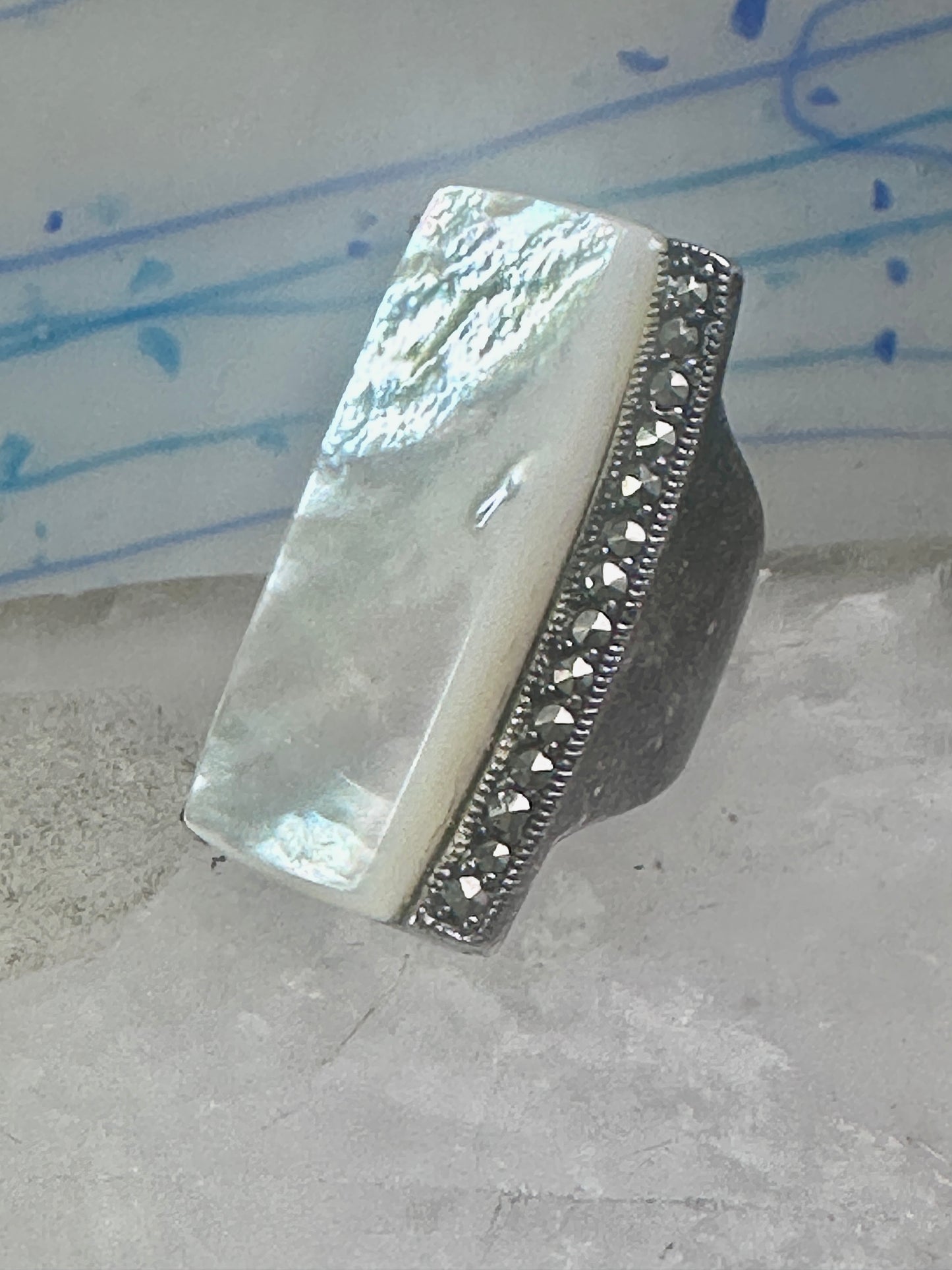 Long Mother of pearl marcasite ring full finger size 6 sterling silver women