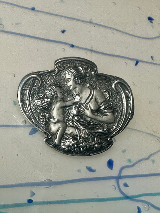 Vintage sterling silver pendant & pin Cherub handing jewel to lady