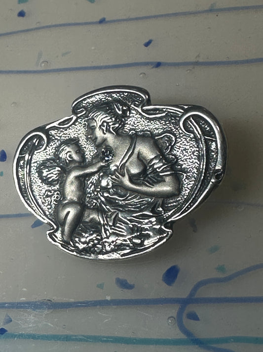 Vintage sterling silver pendant & pin Cherub handing jewel to lady