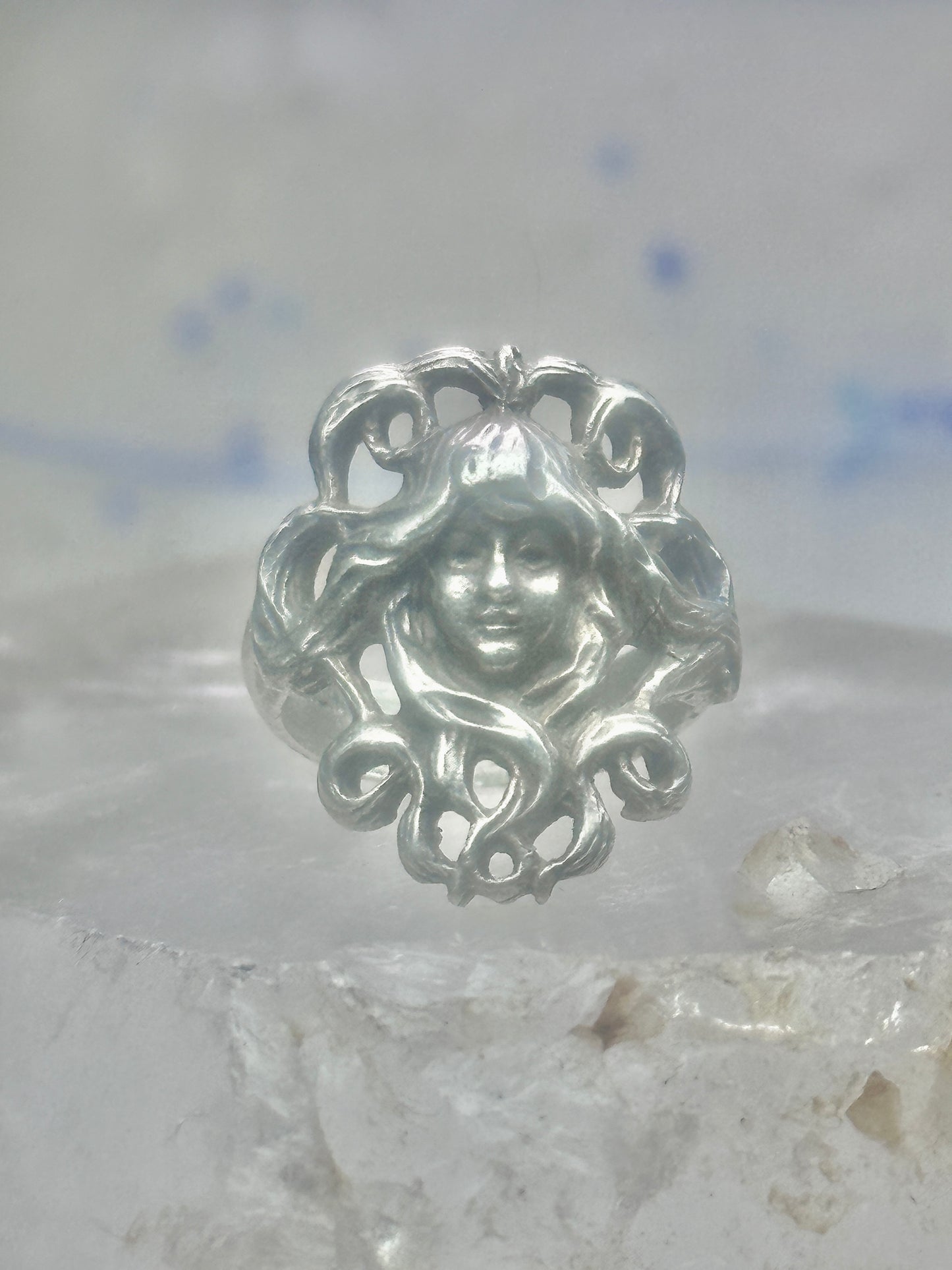 Face ring Art Deco figurative band size 4.75 sterling silver women