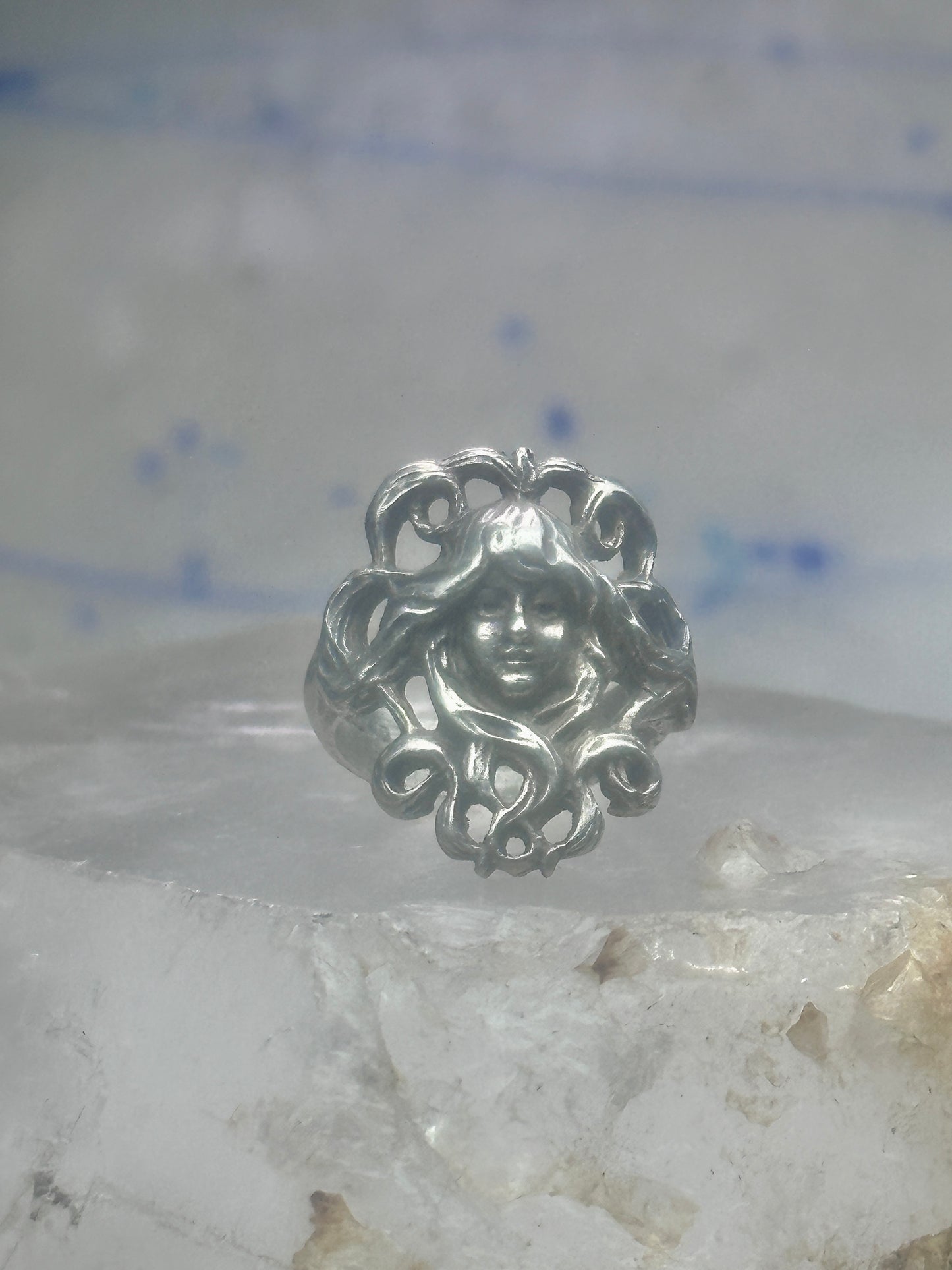 Face ring Art Deco figurative band size 4.75 sterling silver women