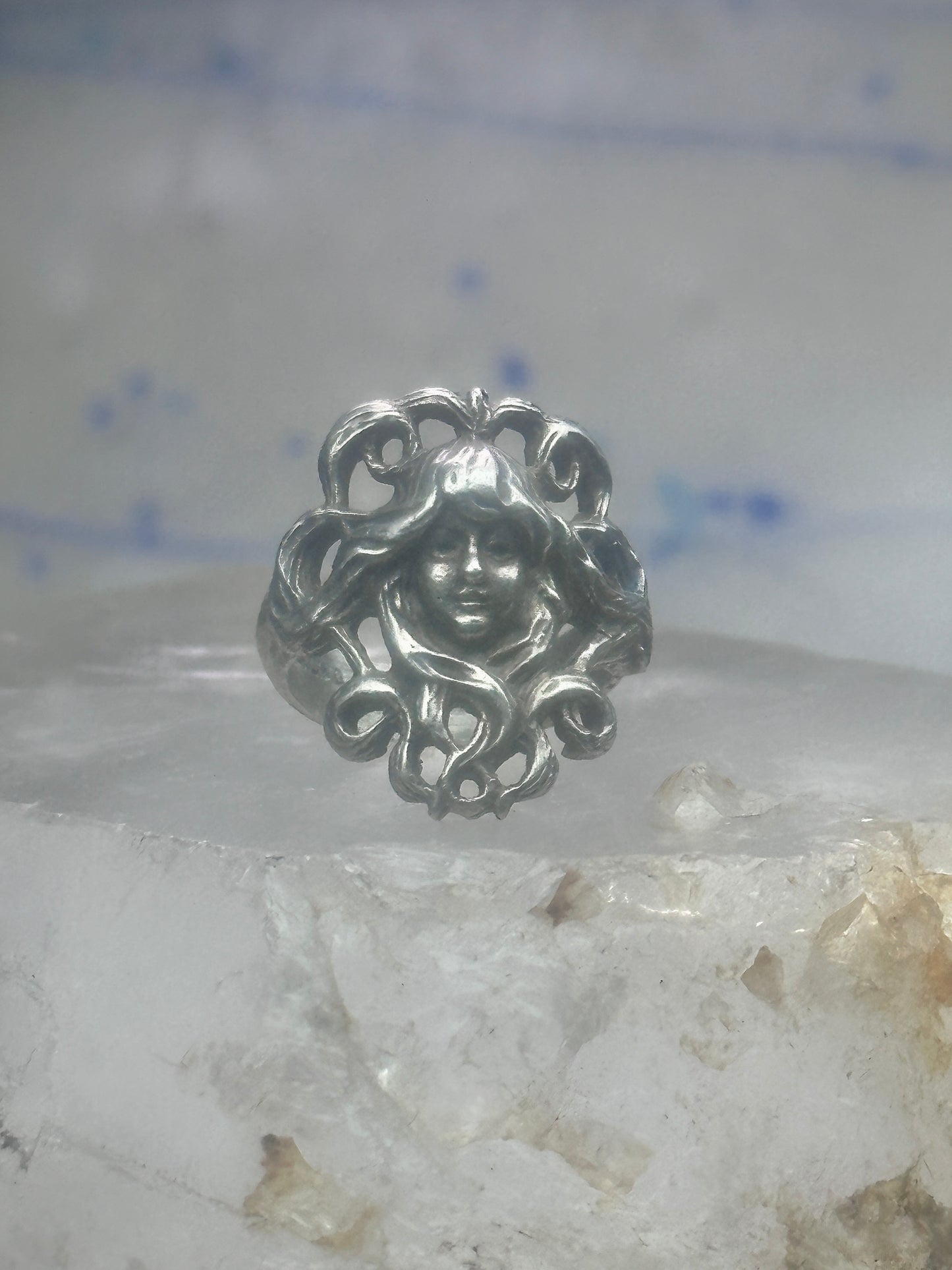Face ring Art Deco figurative band size 4.75 sterling silver women