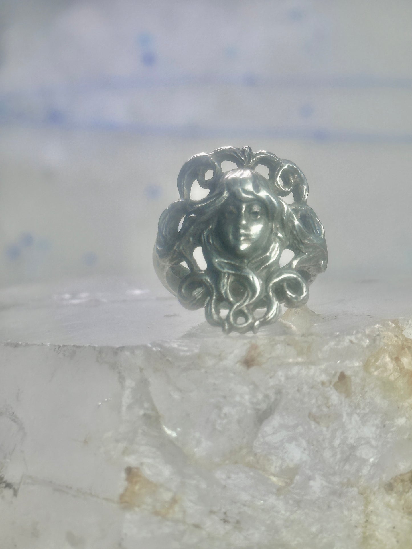 Face ring Art Deco figurative band size 4.75 sterling silver women