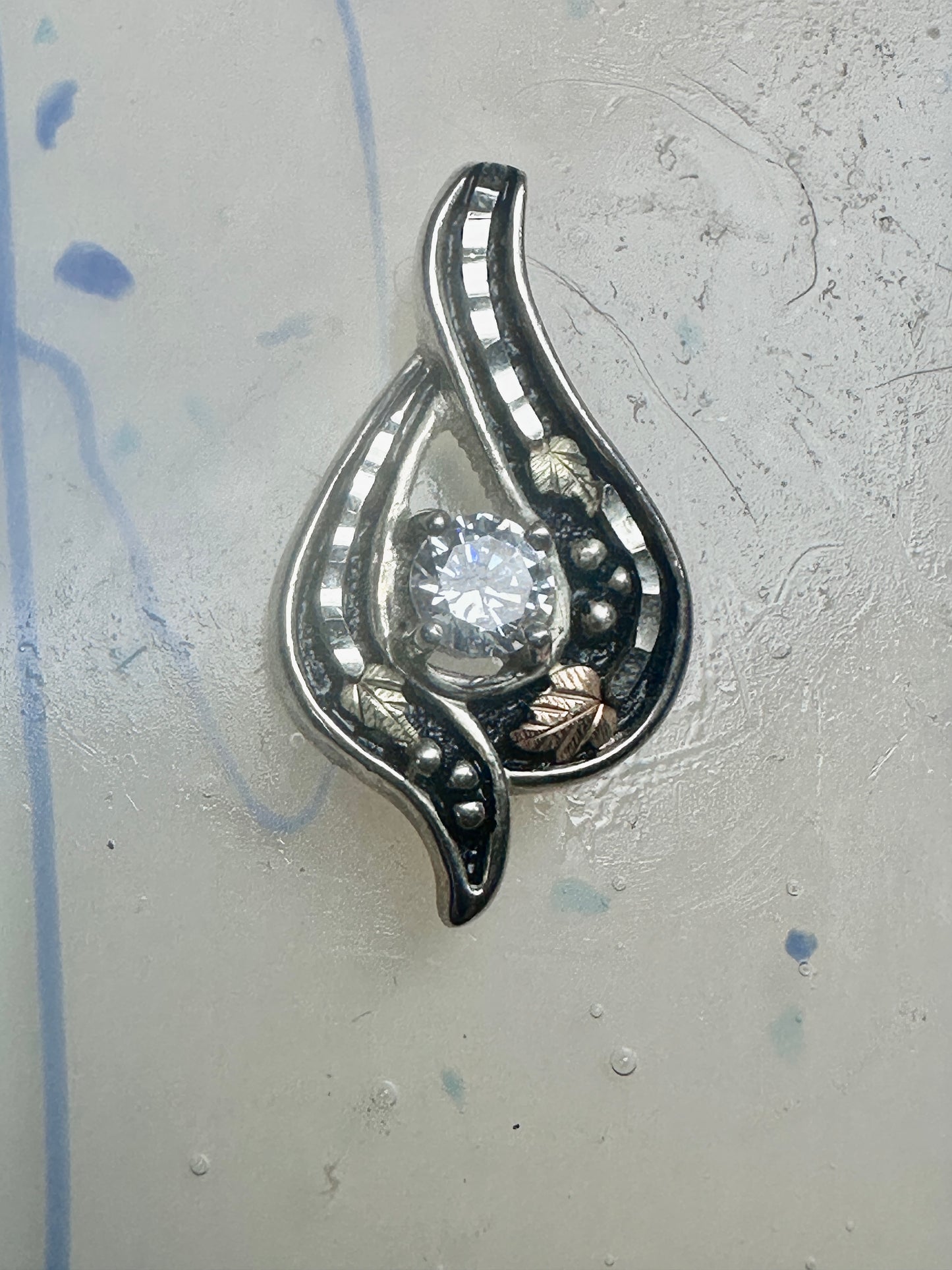 Black Hills Gold pendant CZ Floral leaves sterling silver women girls