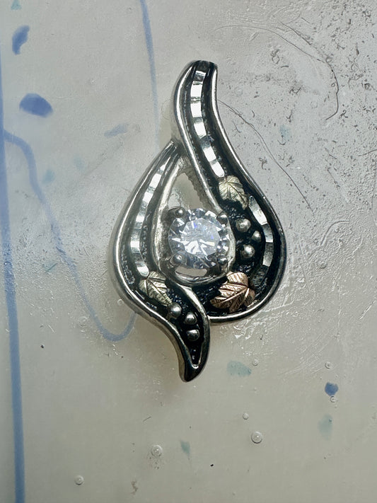 Black Hills Gold pendant CZ Floral leaves sterling silver women girls