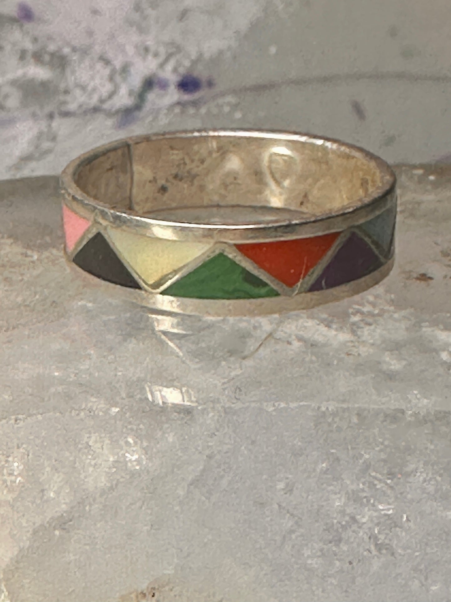 Zuni wedding ring turquoise malachite coral MOP size 12.75 sterling silver men