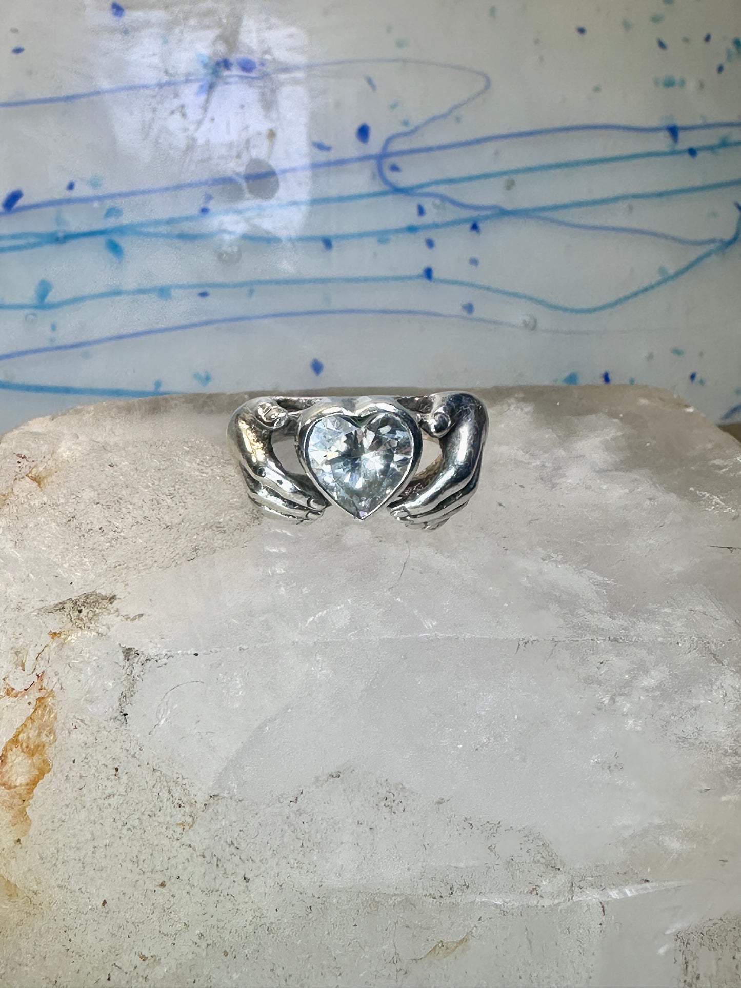 Heart ring Hands holding heart Valentine love band size 7.75 sterling silver women