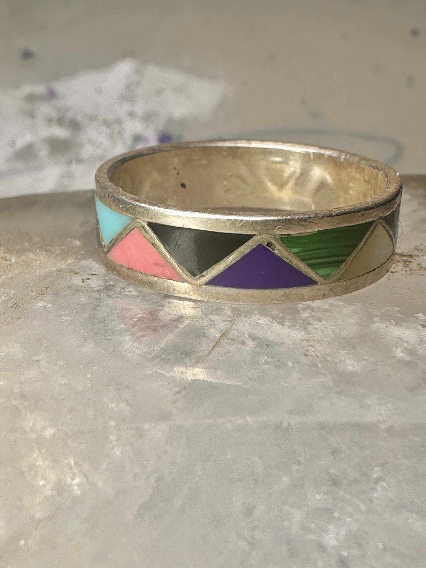 Zuni wedding ring turquoise malachite coral MOP size 12.75 sterling silver men