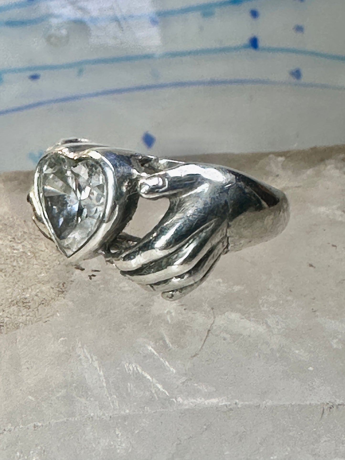 Heart ring Hands holding heart Valentine love band size 7.75 sterling silver women
