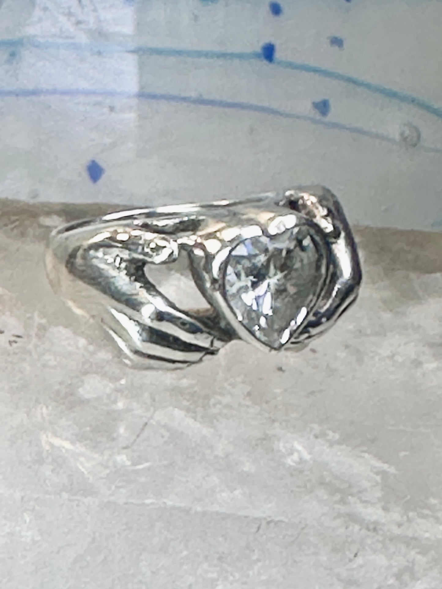 Heart ring Hands holding heart Valentine love band size 7.75 sterling silver women