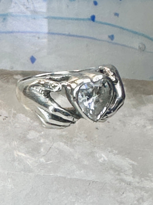 Heart ring Hands holding heart Valentine love band size 7.75 sterling silver women